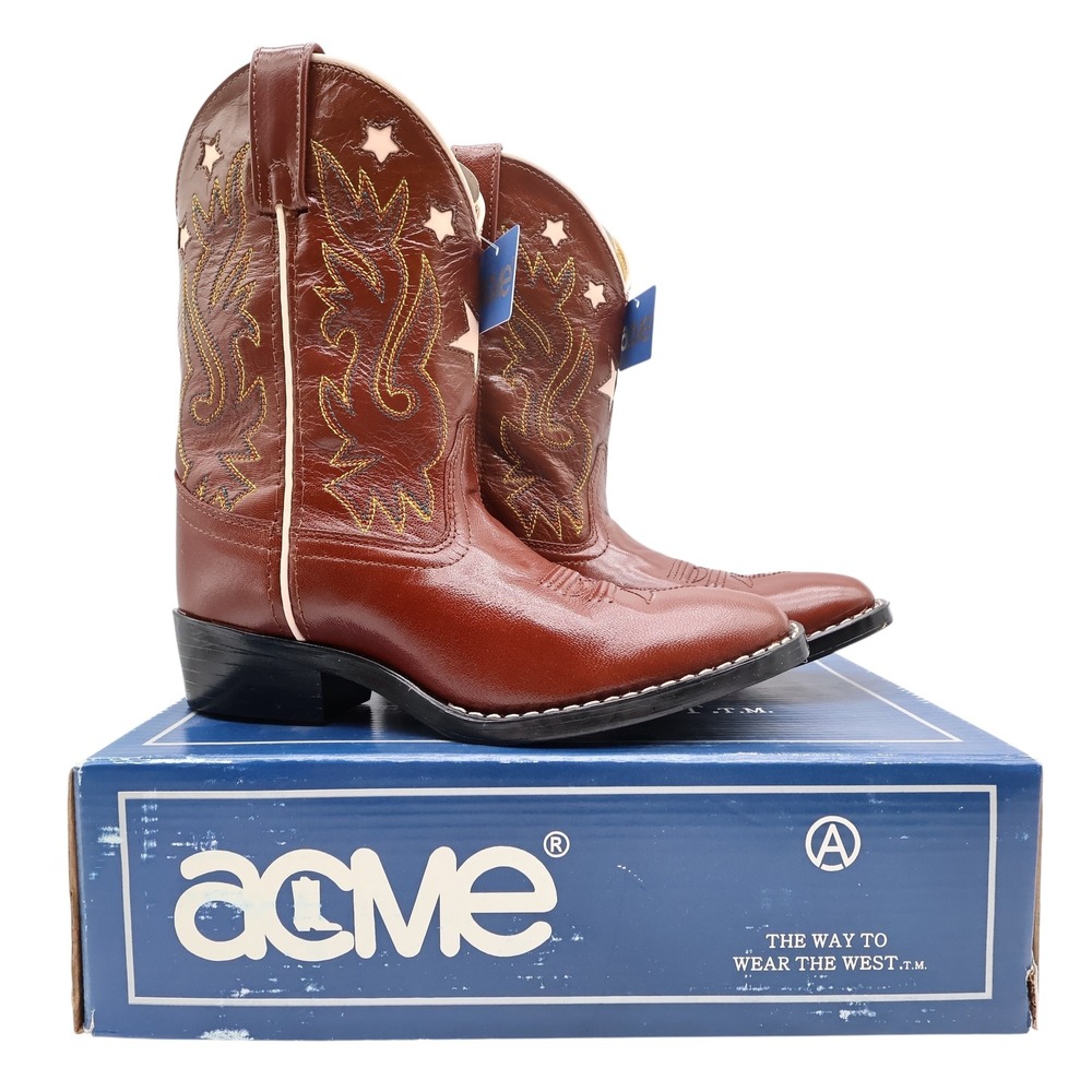 Acme Vintage Style Western Boots Kids 3 Brown Leather NWT AC146 Star Inlay